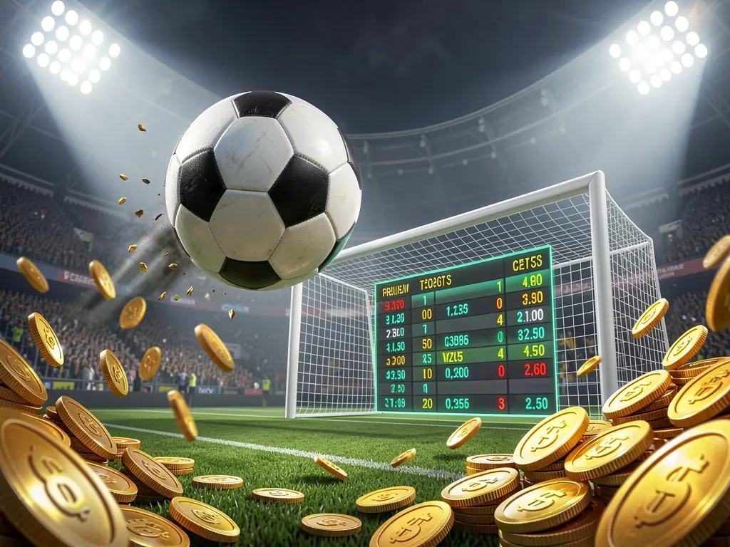 Lv 666 premium match betting visual with a soccer ball flying toward the goal in a stadium illuminated by floodlights, featuring a glowing odds interface and golden coins creating a dynamic sports betting atmosphere