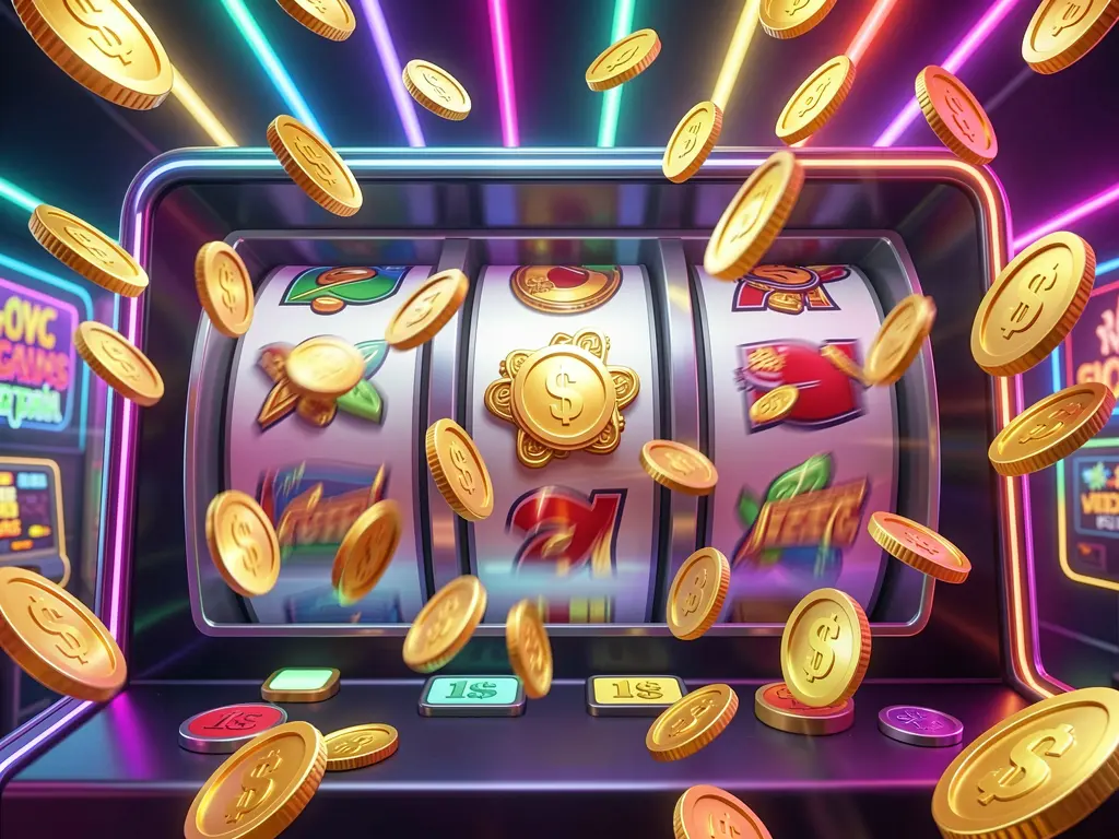 Lv 666 free spins casino image showing slot machine reels spinning with golden coins flying everywhere and colorful neon lights creating an exciting jackpot mood in a premium 3D illustration