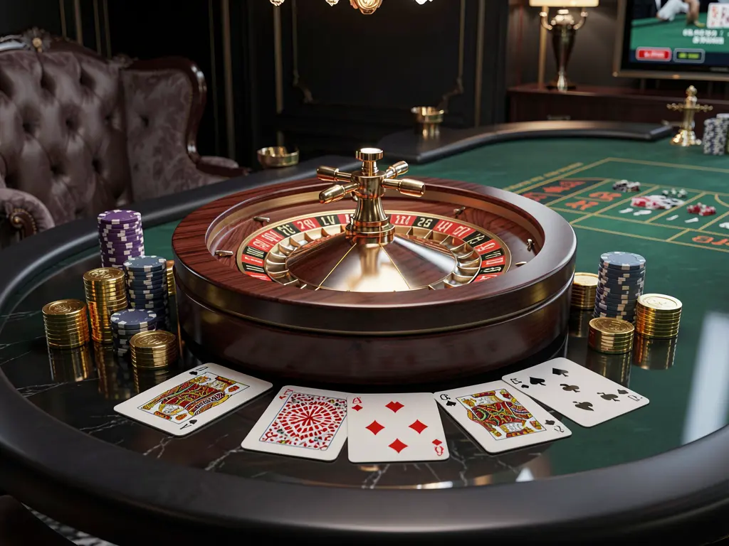 Realistic 3D illustration of a modern online casino scene featuring a roulette wheel, playing cards, poker chips, and golden coins on a glossy table with a dark luxury background, showcasing the Lv 666 brand atmosphere.