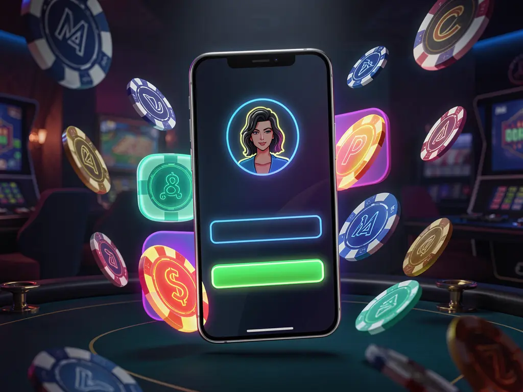 Lv 666 mobile casino login screen on a phone with abstract UI shapes for user profile and password fields, neon glow effects, flying chips and coins in a dark premium casino atmosphere
